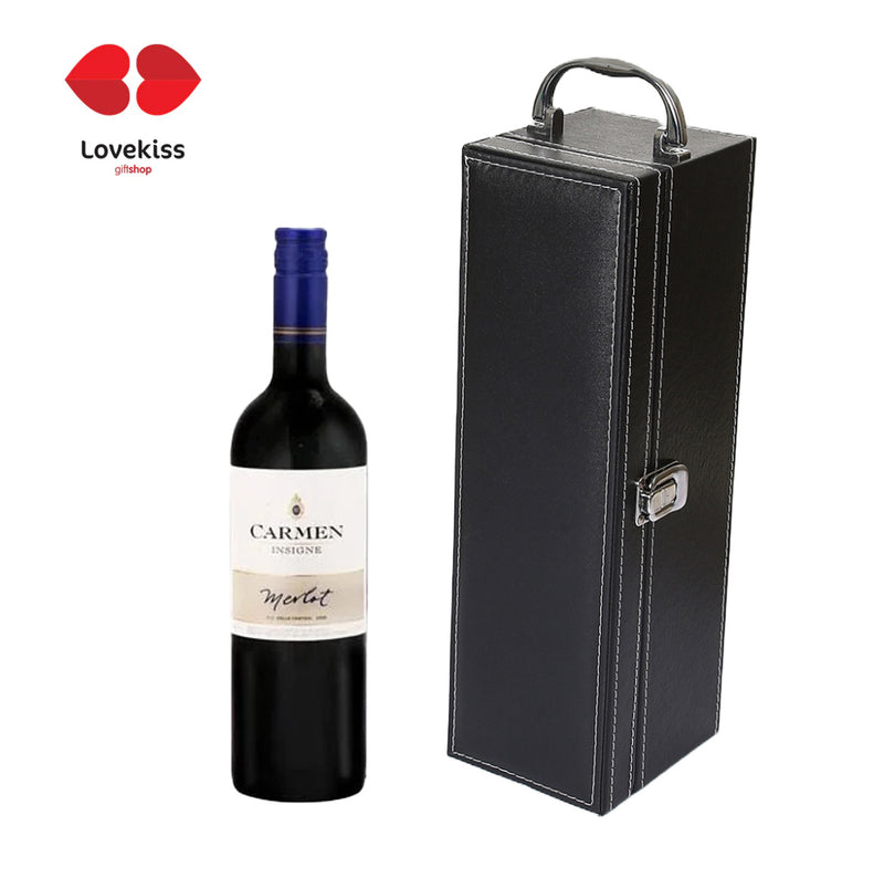 Estuche cuerina negro con botella de Vino